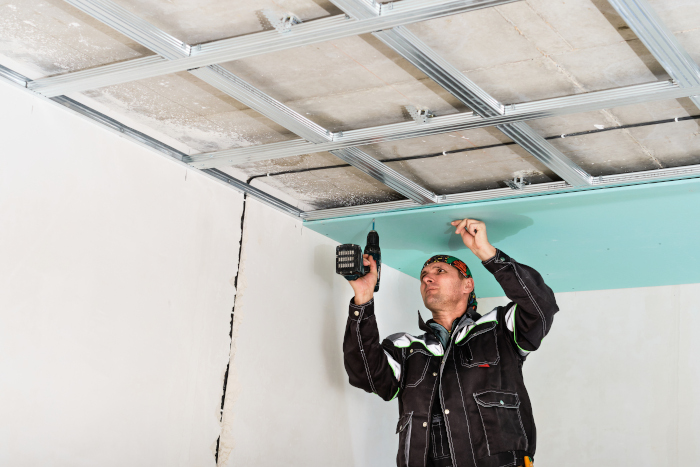 Construction worker assembly suspended ceiling with drywall and fixing the drywall to the ceiling metal frame with screwdriver.